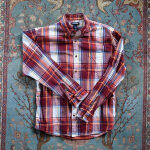 Lands End red russet brick white blue yellow plaid cotton tailored fit flannel L